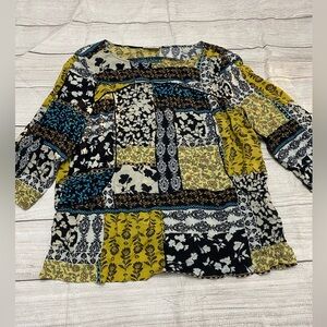 J Jill Top Womens Small Black Yellow Floral Patchwork Look 3/4 Sleeve Blouse